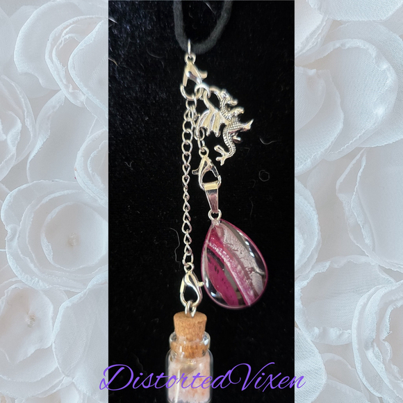 Handmade Jewelry - Red Glass Teardrop Necklace with Spell Bottle & Dragon Charm | Interchangeable